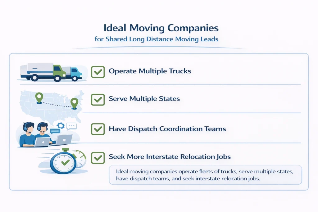 showing ideal moving companies for shared long distance moving leads, including icons for multiple moving trucks, multi-state service routes on a map, dispatch coordination teams, and companies seeking more interstate relocation jobs in a clean blue professional design.