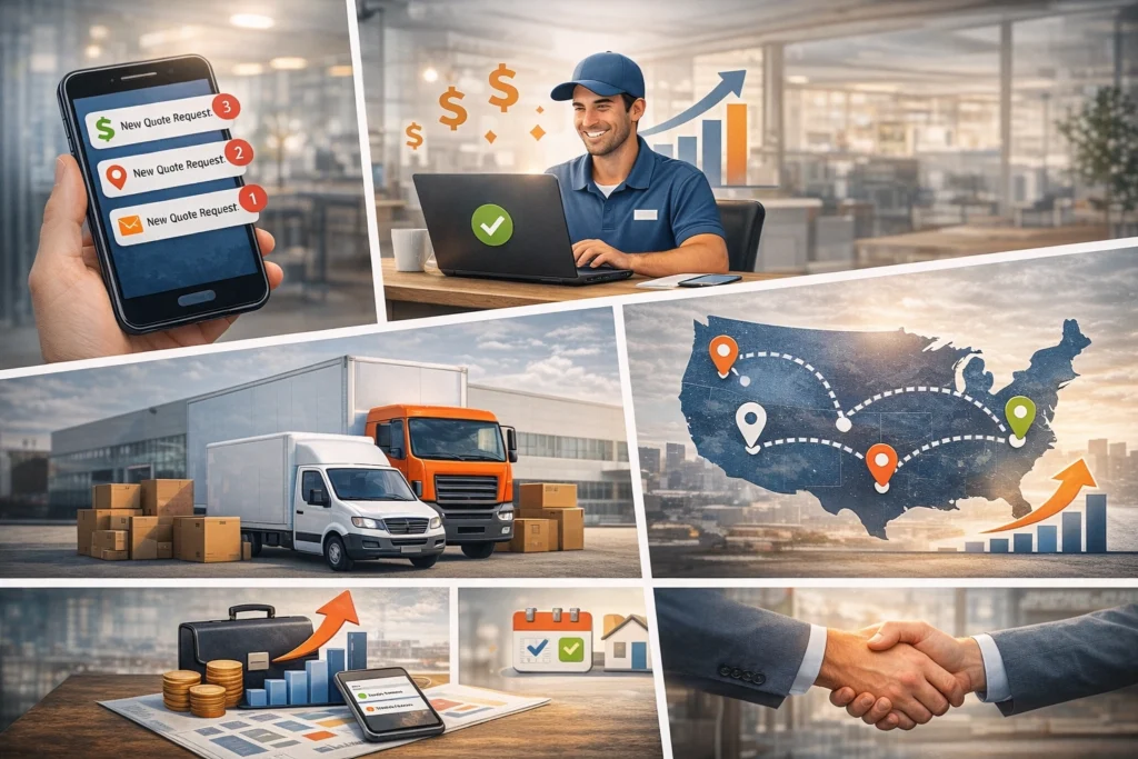 Horizontal infographic showing shared long distance moving leads for moving companies, with new quote request notifications, moving trucks, U.S. relocation routes, booking confirmation icons, and business growth visuals.