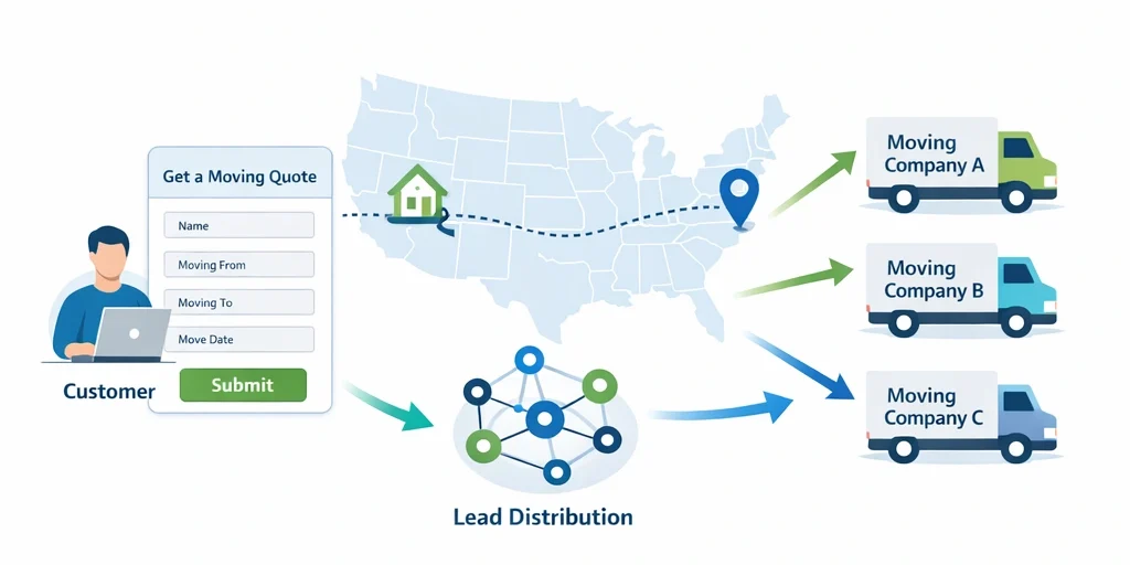 Infographic showing how shared long distance moving leads work: a customer submits an online moving quote request which is distributed through a lead network to multiple moving companies, illustrated with arrows from a customer form and relocation route map to several moving truck company icons.